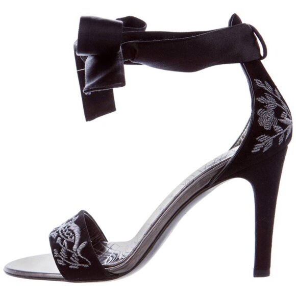 [Gucci] Black Embroidered Suede Open-Toe Ankle Ribbon Bow Tie Pumps Sz 7.5 - Picture 5 of 13